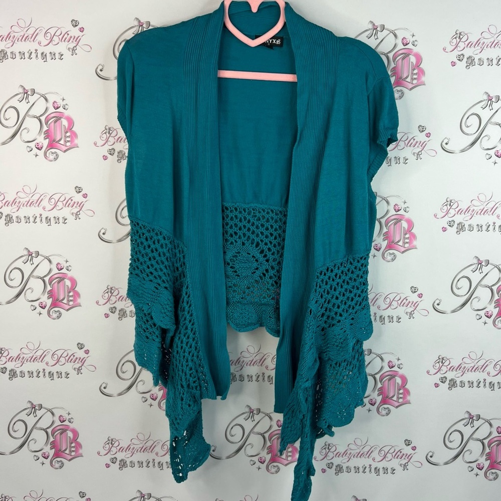 Onyx cardigan tshirt style shrug knit detail teal blue Crochet Women Sweater